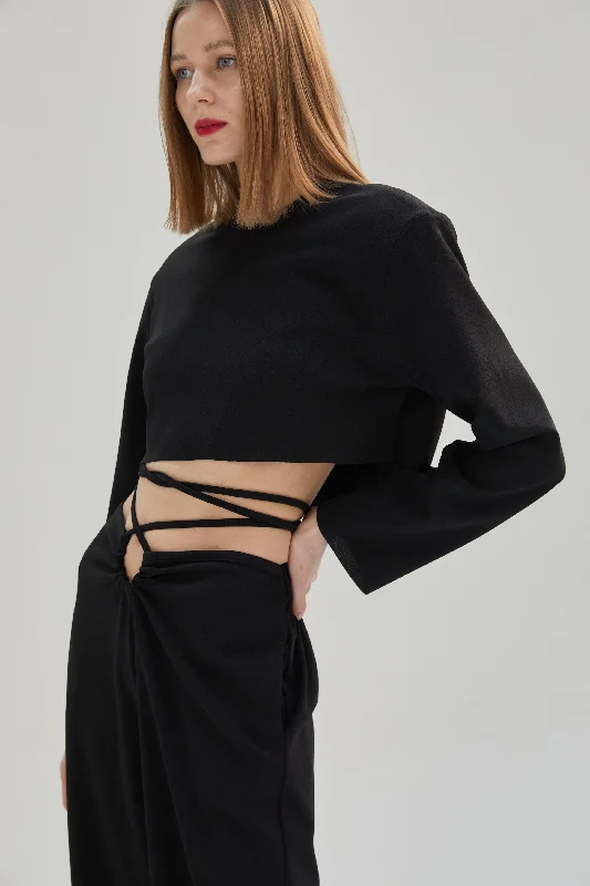 Padded Shoulder Crop Blouse, Midnight Black