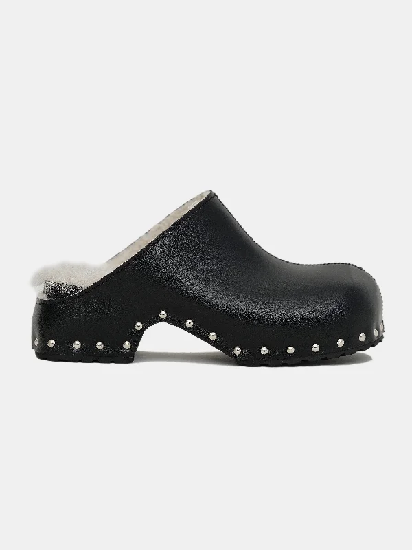 Shearling Studded Clogs, Black