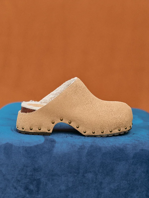 Shearling Studded Clogs, Tortilla