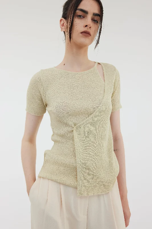 Short Sleeved Inner Layered Wrap Cardigan, Light Citron