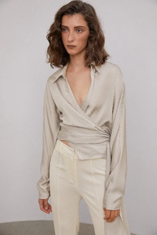 Wrap Tie Silky Satin Blouse, Silver Beige