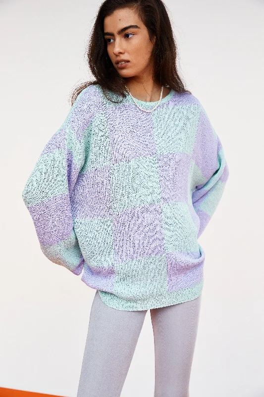 Checkerboard Loose Pullover, Mint & Lilac