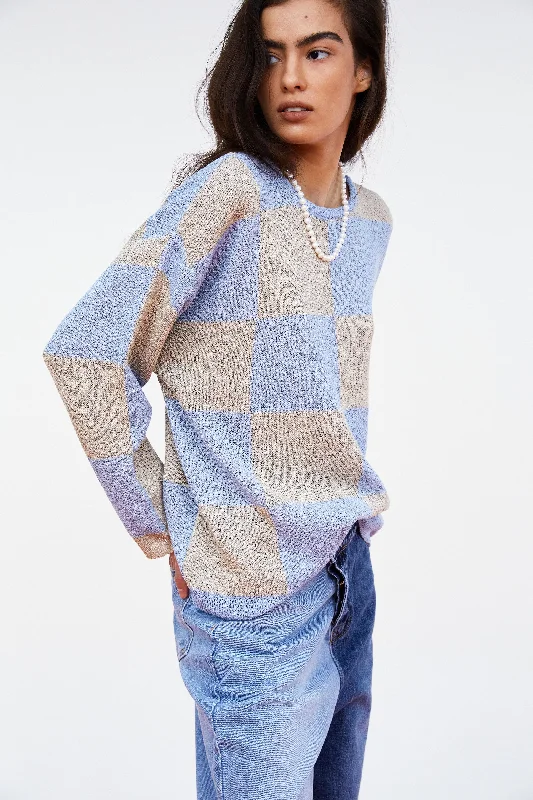 Checkerboard Loose Pullover, Tan & Blue