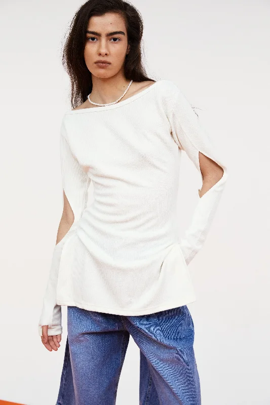 Cutout Sleeves Ribbed Tee, Snow White