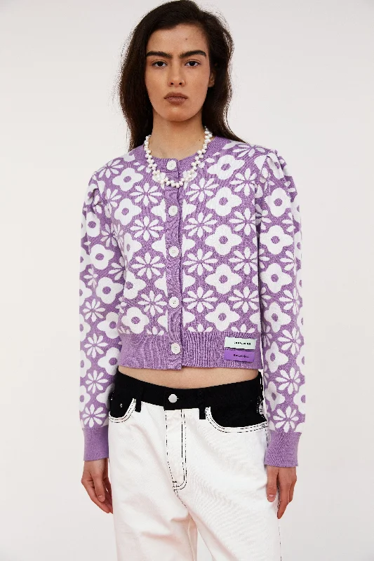 Floral Pattern Knit Cardigan, Lavender