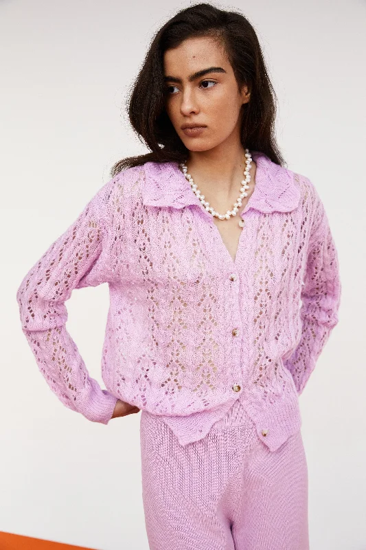 Mohair-Blend Collar Cardigan, Soft Lavender