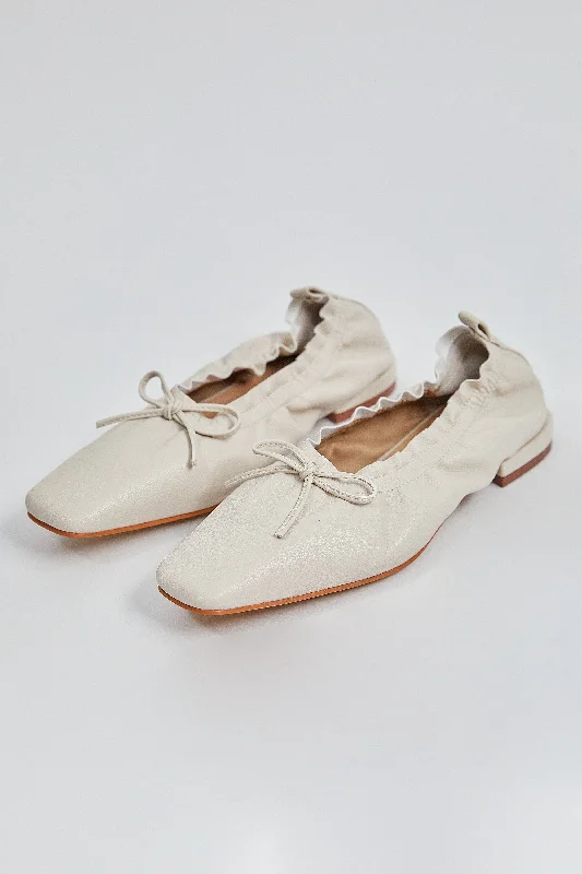 Ruched Vegan Leather Ballet Flats, Cream