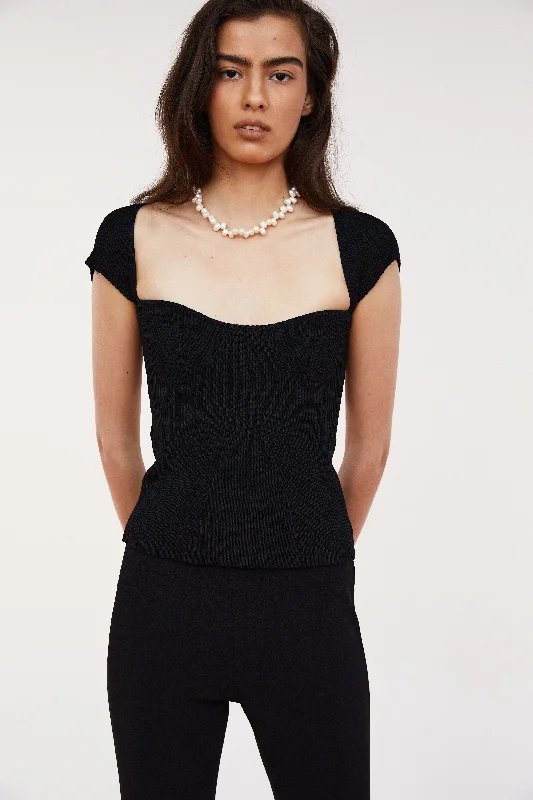 Short Sleeved Sweetheart Neckline Ribbed Knit, Black