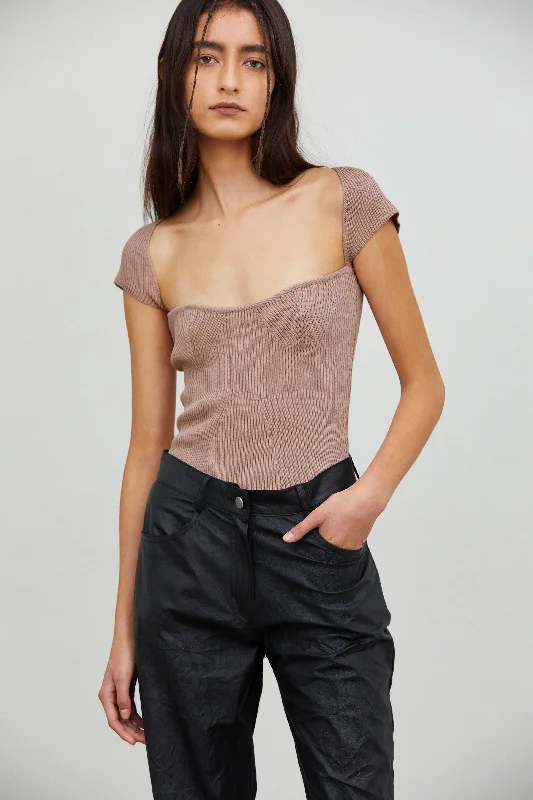 Short Sleeved Sweetheart Neckline Ribbed Knit, Sepia