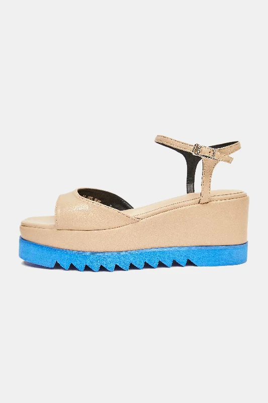 Two-Tone High Wedge Sandals, Beige & Blue